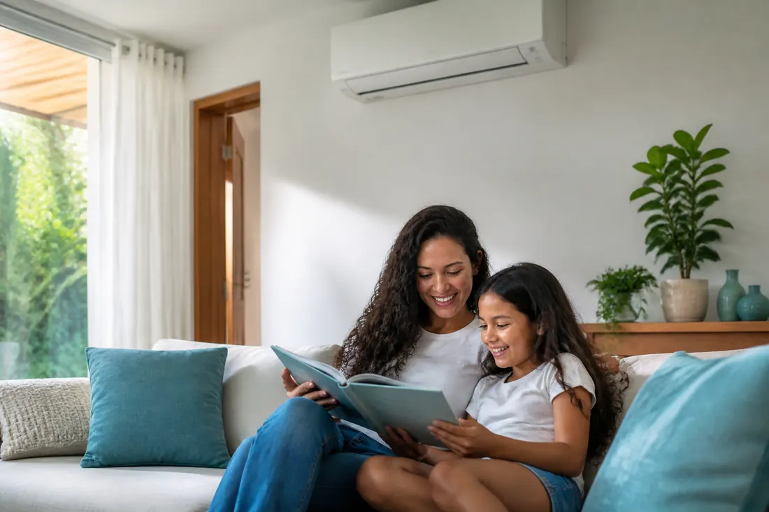 Mãe e filha lendo no sofá de uma sala com ar-condicionado