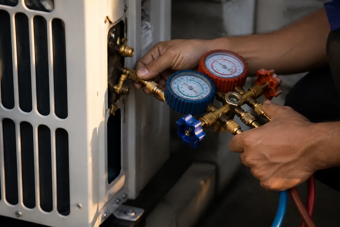 Manifold conectado à condensadora para medir a pressão do gás