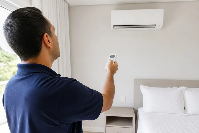 Técnico testando um split recém-instalado em um quarto