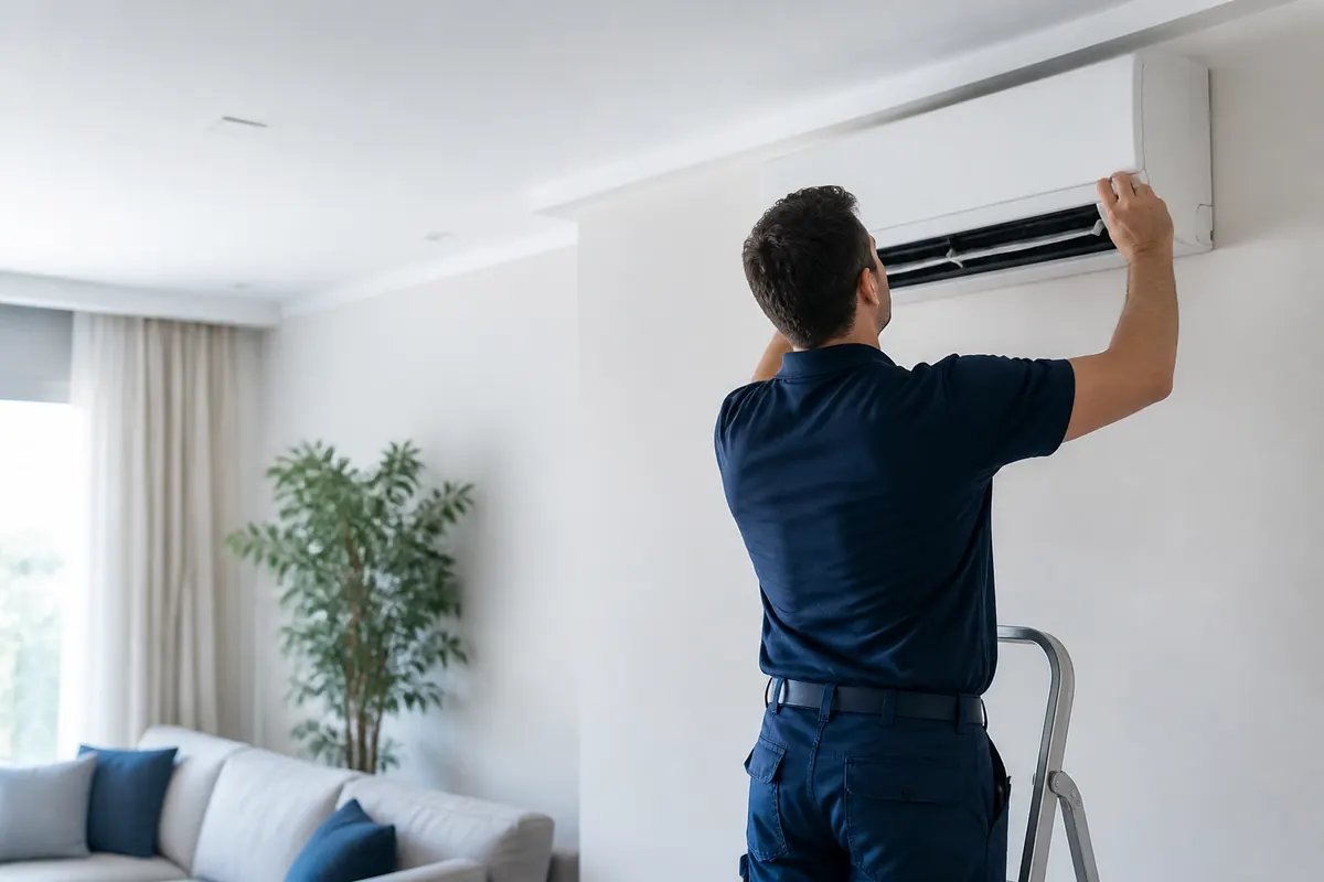 Técnico finalizando a instalação de um split na parede de uma sala