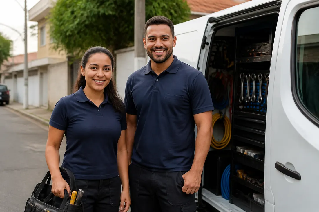 Dois técnicos da equipe ao lado da van de serviço