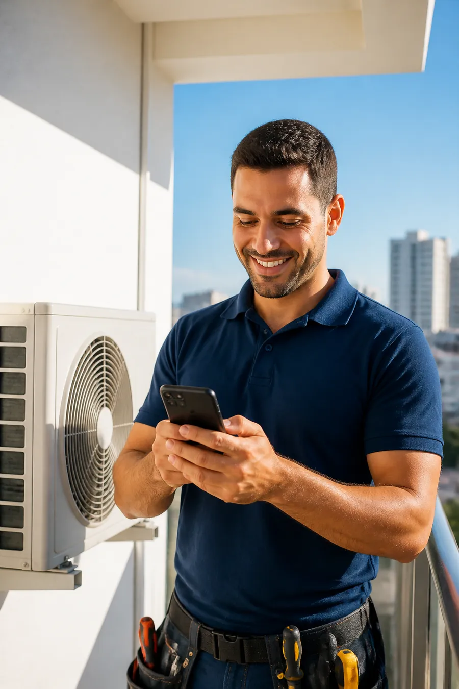 Técnico de ar-condicionado na varanda, ao lado de uma condensadora, sorrindo enquanto lê uma mensagem no celular