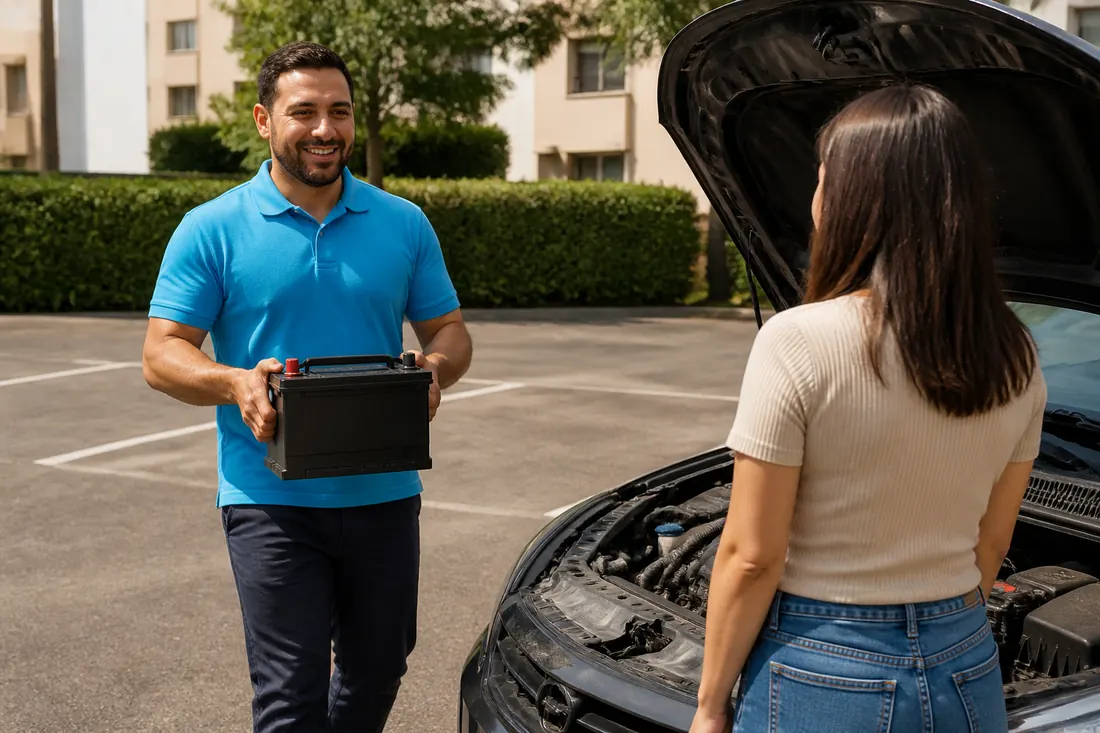 Técnico chegando com uma bateria nova até a cliente ao lado do carro