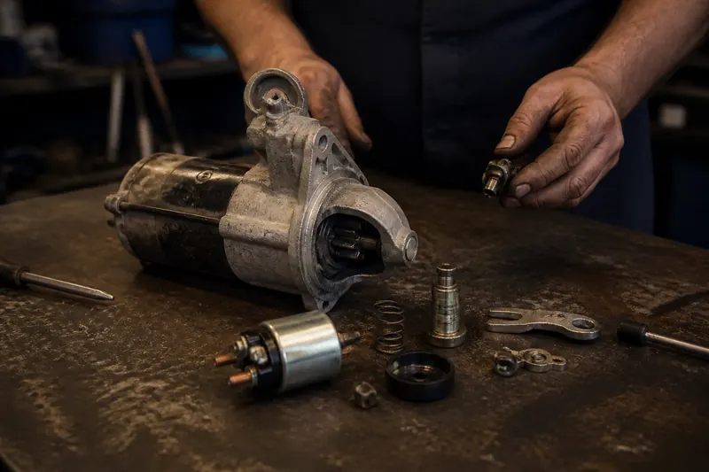 Motor de partida e peças sobre a bancada