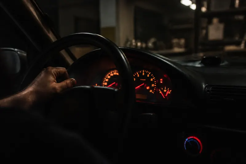 Painel do carro aceso em garagem escura