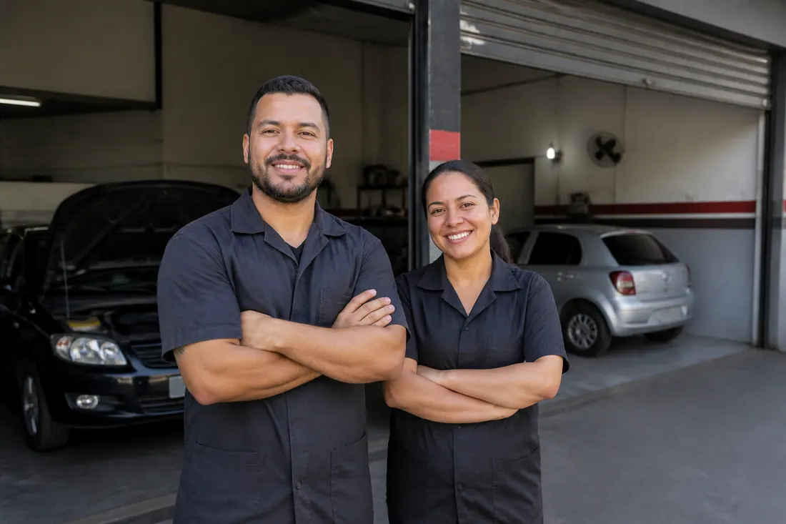 Dois eletricistas automotivos na entrada da oficina
