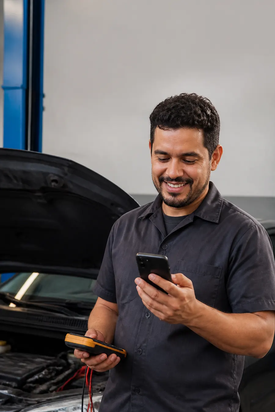 Eletricista automotivo ao lado de um carro com o capô aberto, sorrindo enquanto lê uma mensagem no celular