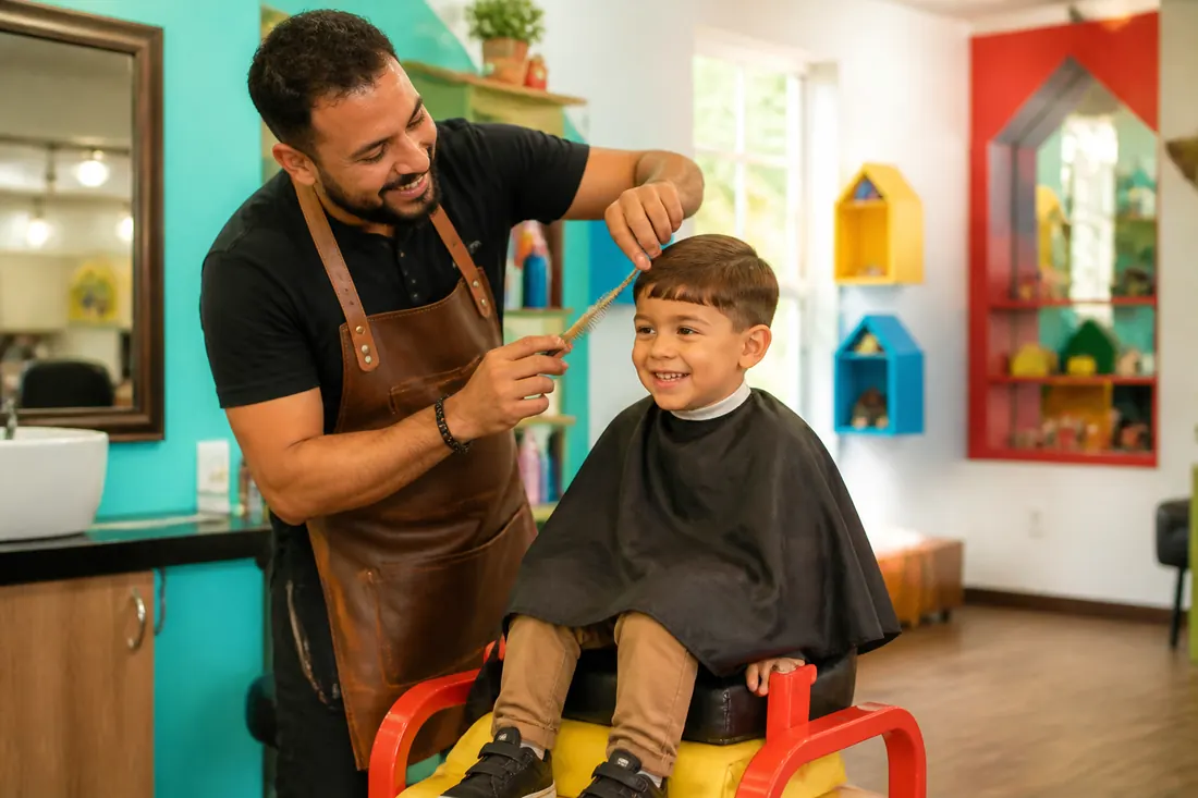 Menino sorrindo enquanto corta o cabelo