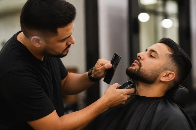 Barbeiro aparando a barba de um cliente