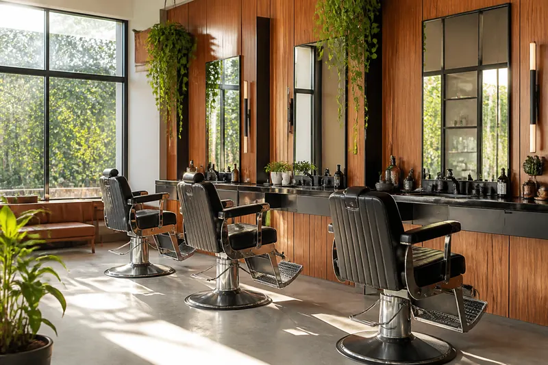 Salão da barbearia com cadeiras de couro e plantas