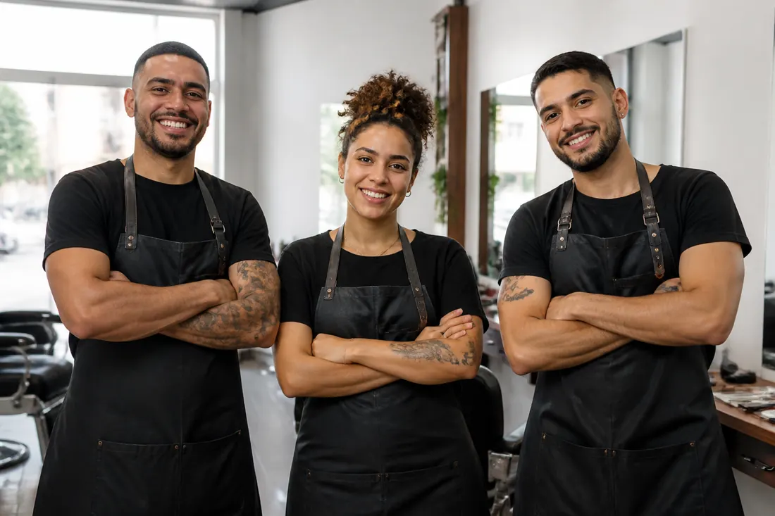Equipe de barbeiros de avental dentro da barbearia