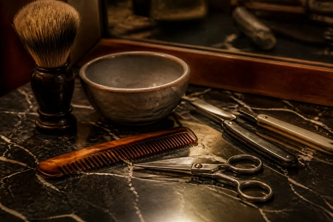 Pincel de barba, tigela e tesouras sobre o balcão de mármore