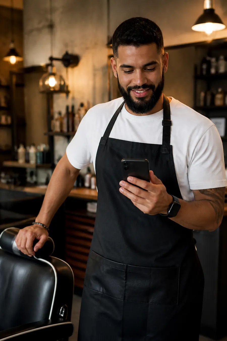 Barbeiro na barbearia ao lado da cadeira, sorrindo enquanto lê uma mensagem no celular