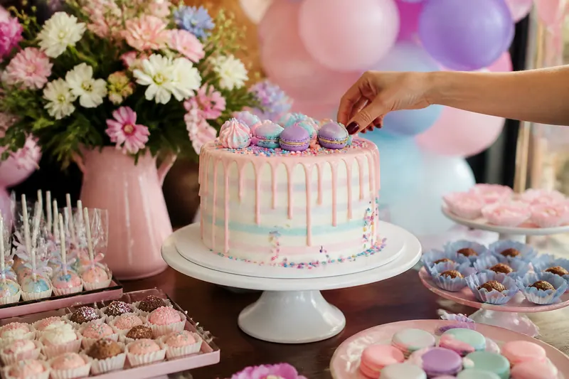 Mesa de doces com bolo drip pastel e macarons