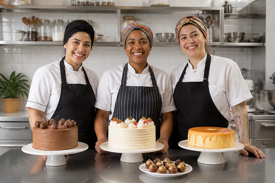 Confeiteiras do ateliê sorrindo na cozinha com bolos no balcão