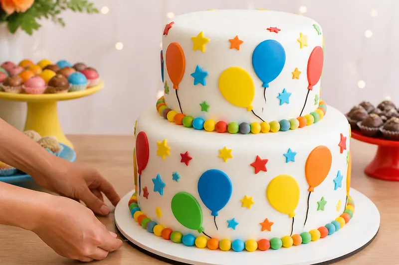 Bolo infantil de dois andares com estrelas e balões