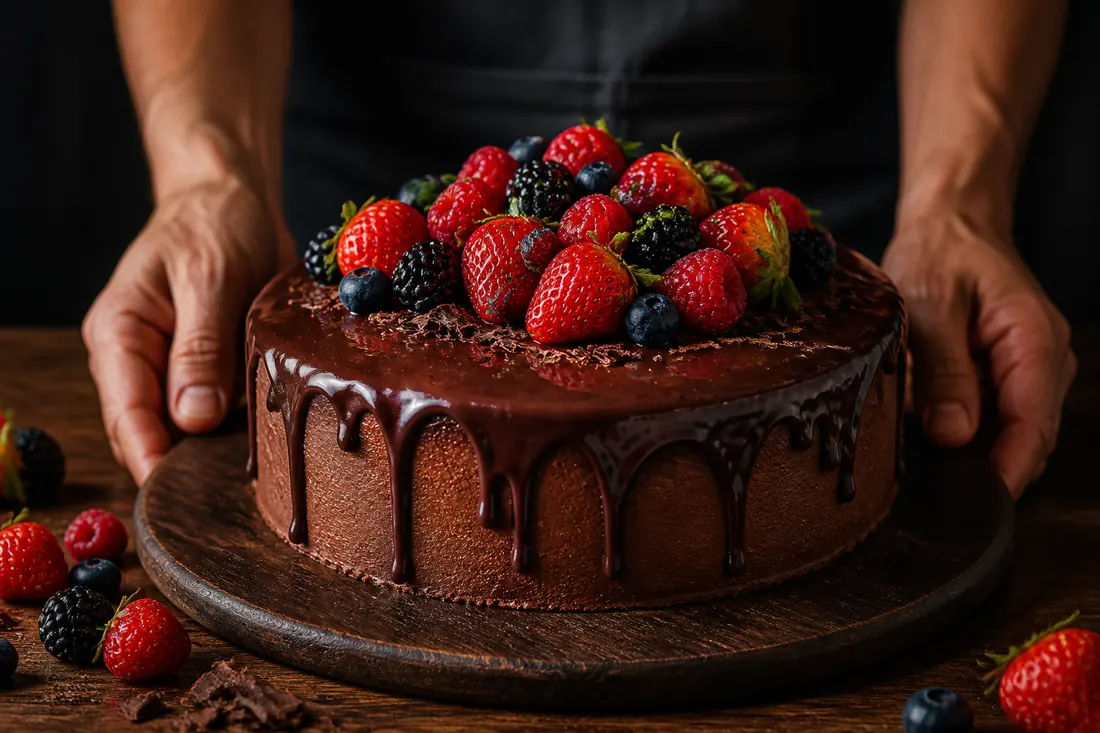 Bolo de chocolate com ganache e frutas vermelhas