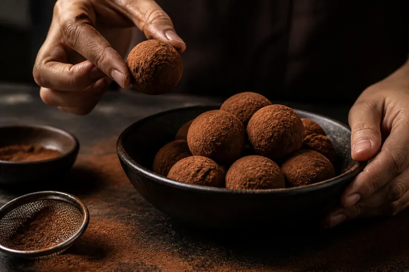 Trufas de chocolate polvilhadas com cacau