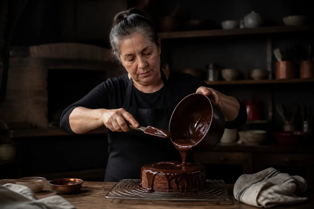 Helena despejando ganache de chocolate sobre um bolo