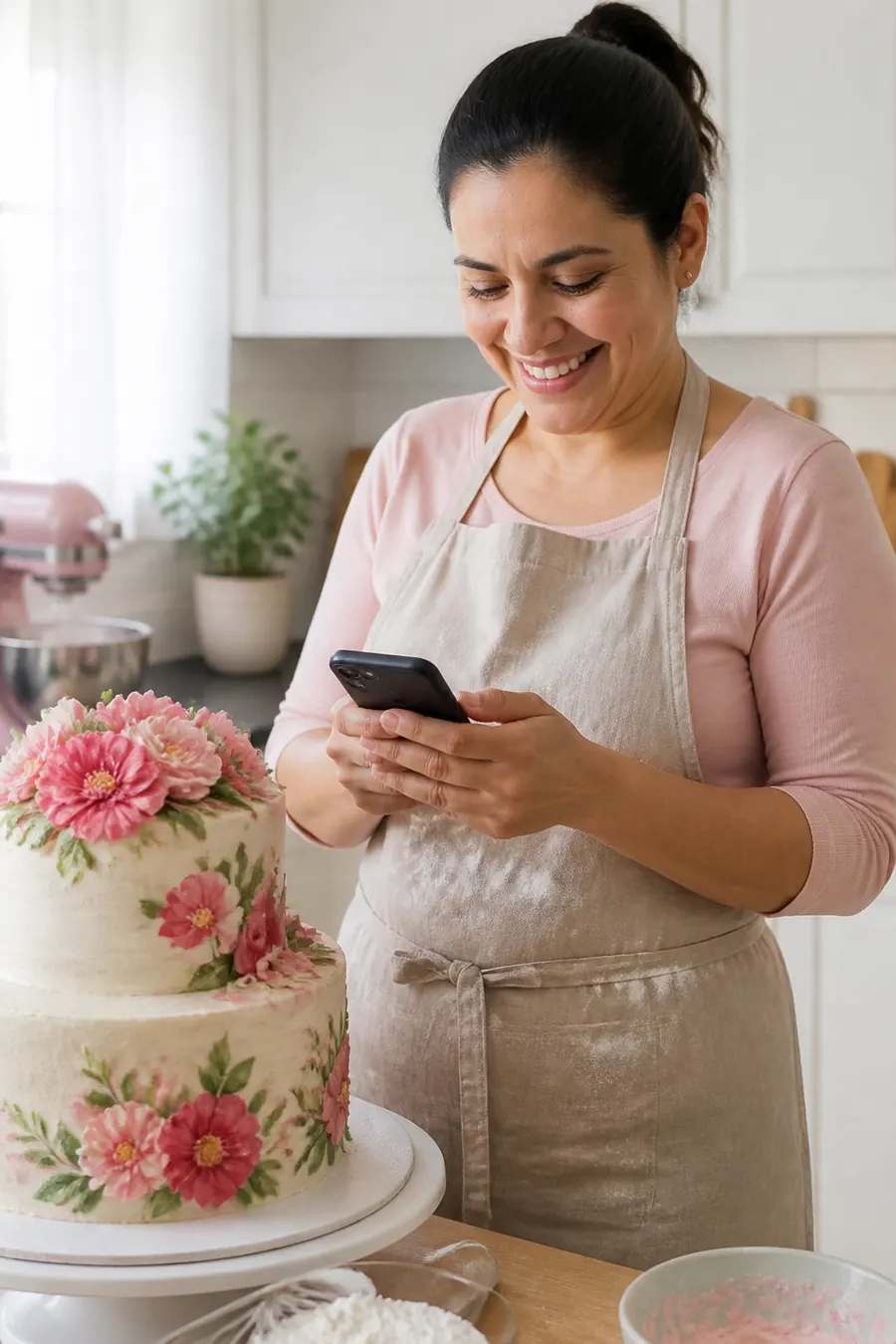 Confeiteira na cozinha ao lado de um bolo decorado com flores, sorrindo enquanto lê uma mensagem no celular