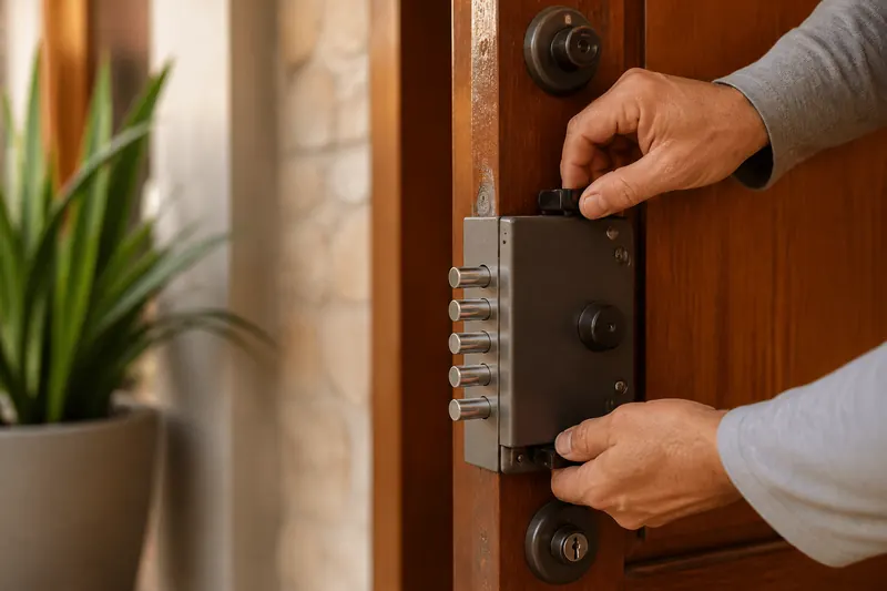 Fechadura multiponto nova instalada em porta de madeira