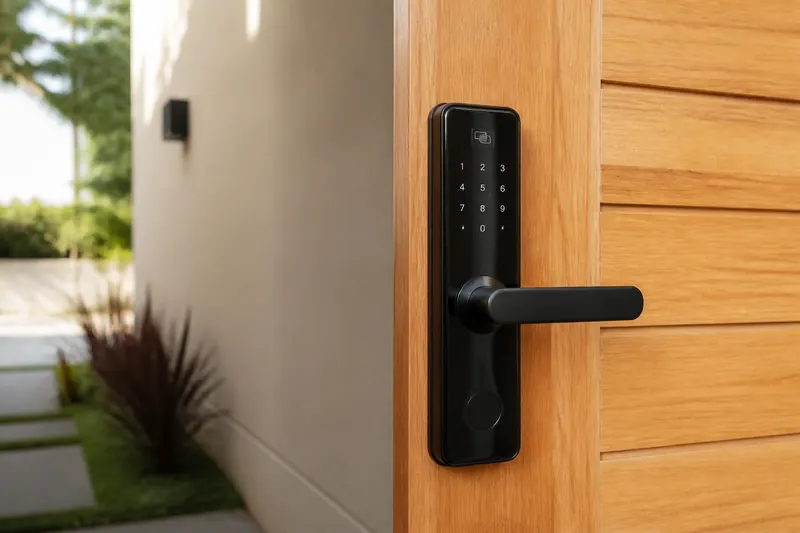 Fechadura digital com teclado instalada em porta de madeira