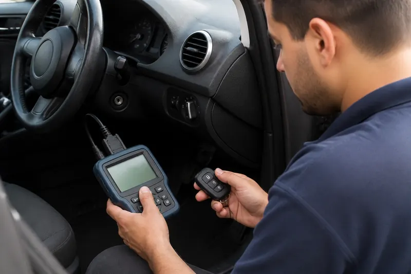 Chaveiro programando uma chave de carro com aparelho