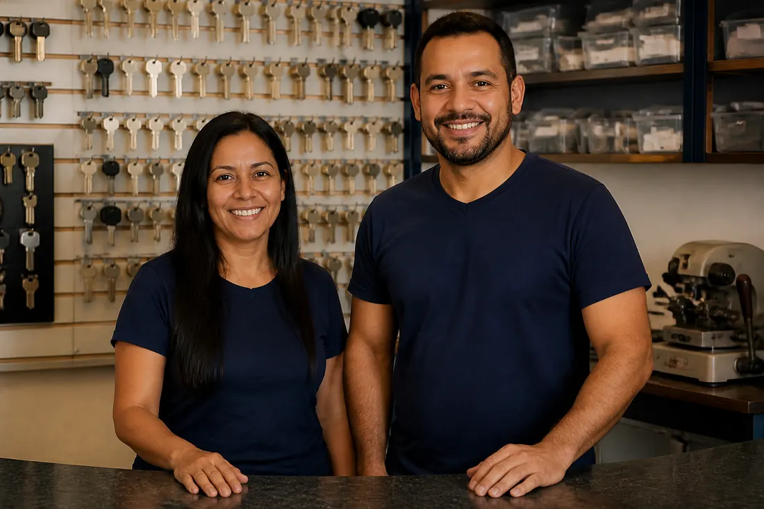 Dois chaveiros da equipe no balcão da loja