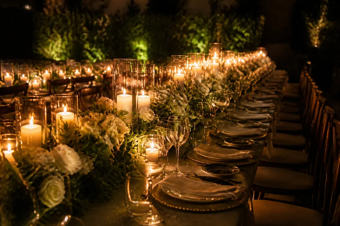 Mesa longa com velas, rosas brancas e folhagens