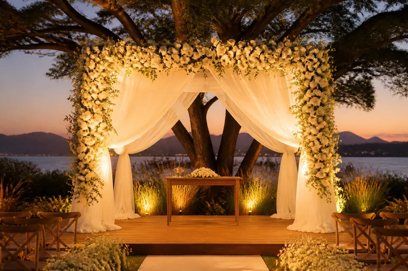 Arco de flores brancas para cerimônia ao entardecer