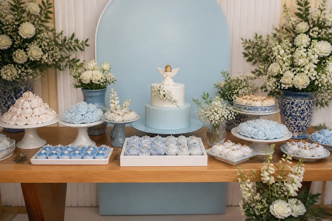 Mesa de batizado em branco e azul claro com flores