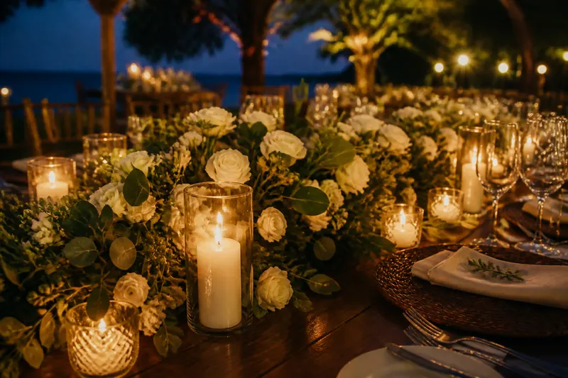 Mesa de casamento com velas e flores brancas