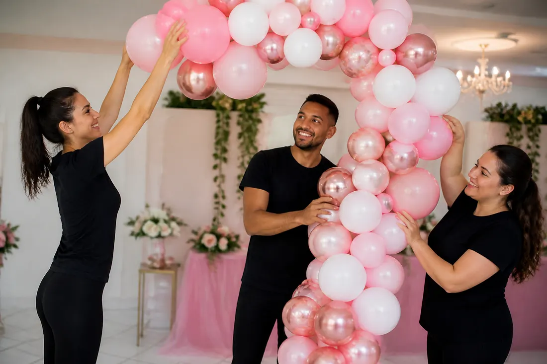 Equipe montando um arco de balões rosa
