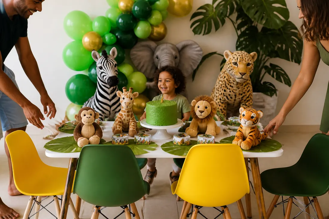 Mesa de festa com tema de selva e bichinhos de pelúcia