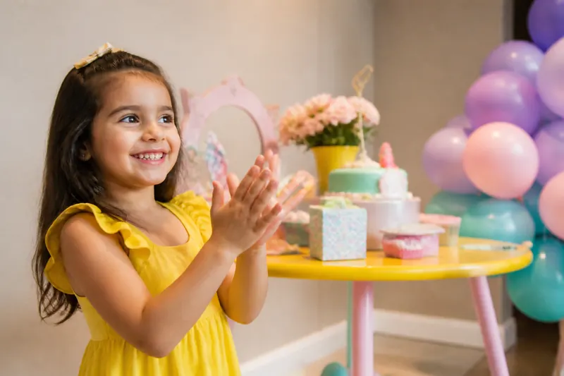 Menina batendo palmas em frente à mesa de festa