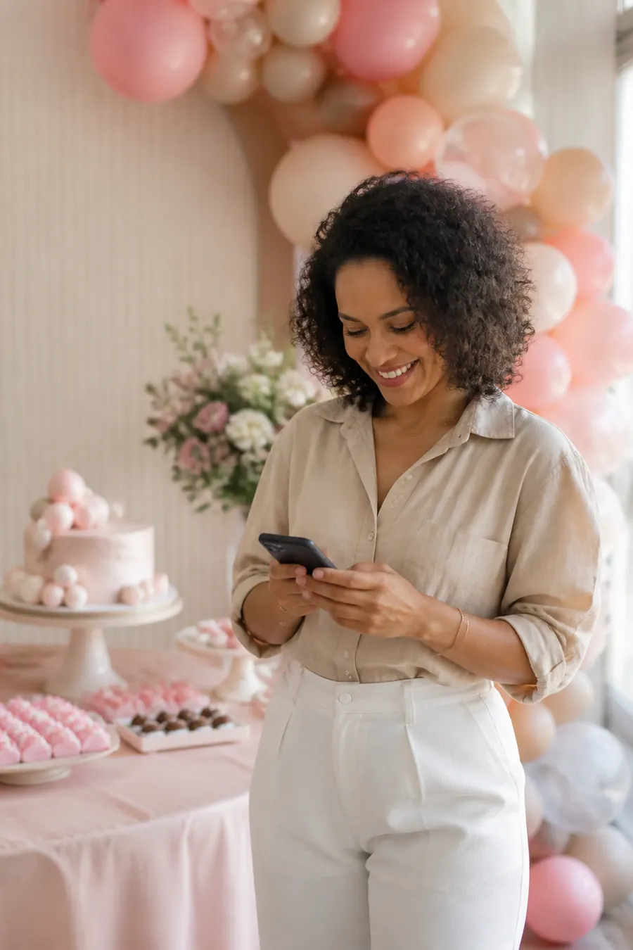Decoradora ao lado de uma mesa de festa decorada com arco de balões, sorrindo enquanto lê uma mensagem no celular