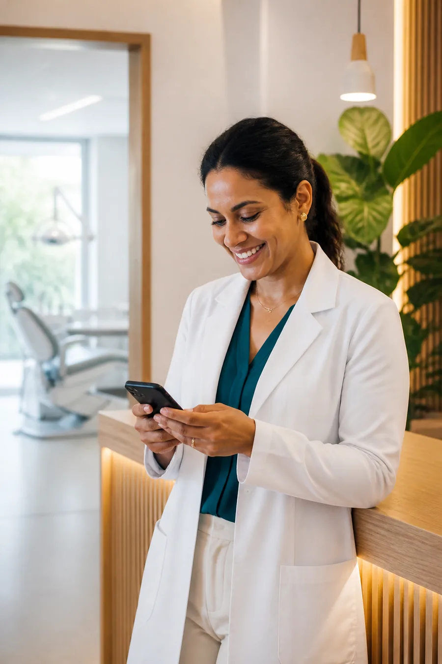Dentista na recepção do consultório, sorrindo enquanto lê uma mensagem no celular