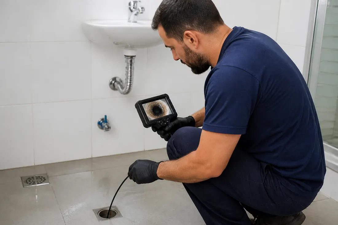 Técnico inspecionando um ralo com câmera e monitor