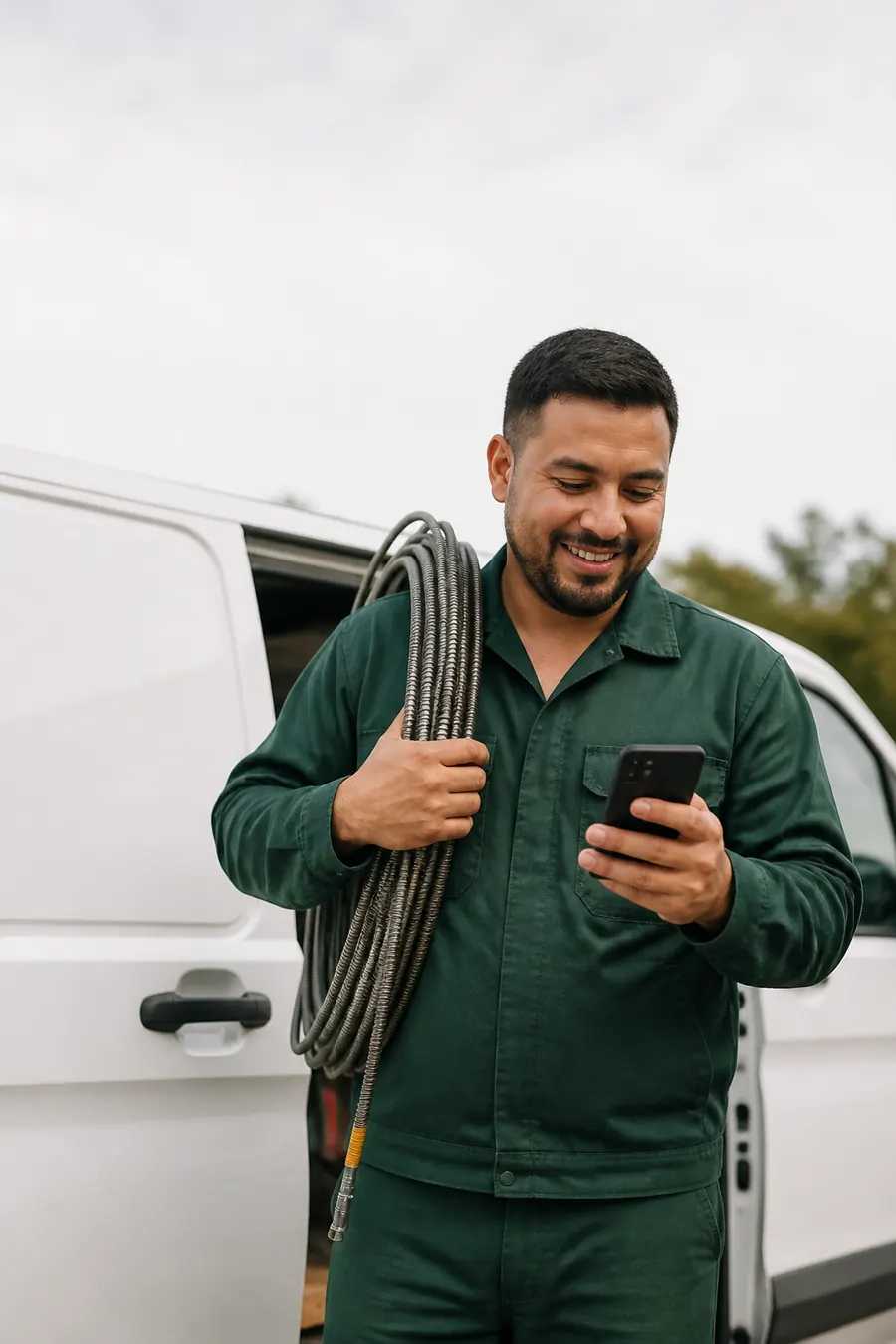 Técnico de desentupimento ao lado da van, sorrindo enquanto lê uma mensagem no celular