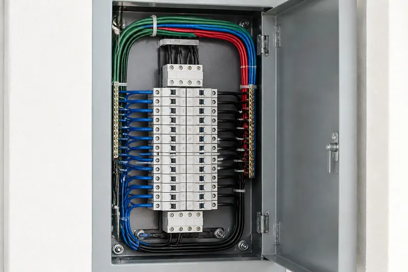 Quadro de disjuntores novo com fiação organizada