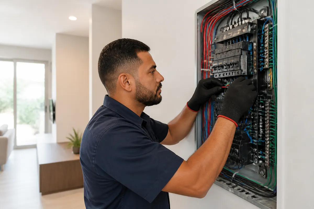 Eletricista organizando a fiação de um quadro de disjuntores