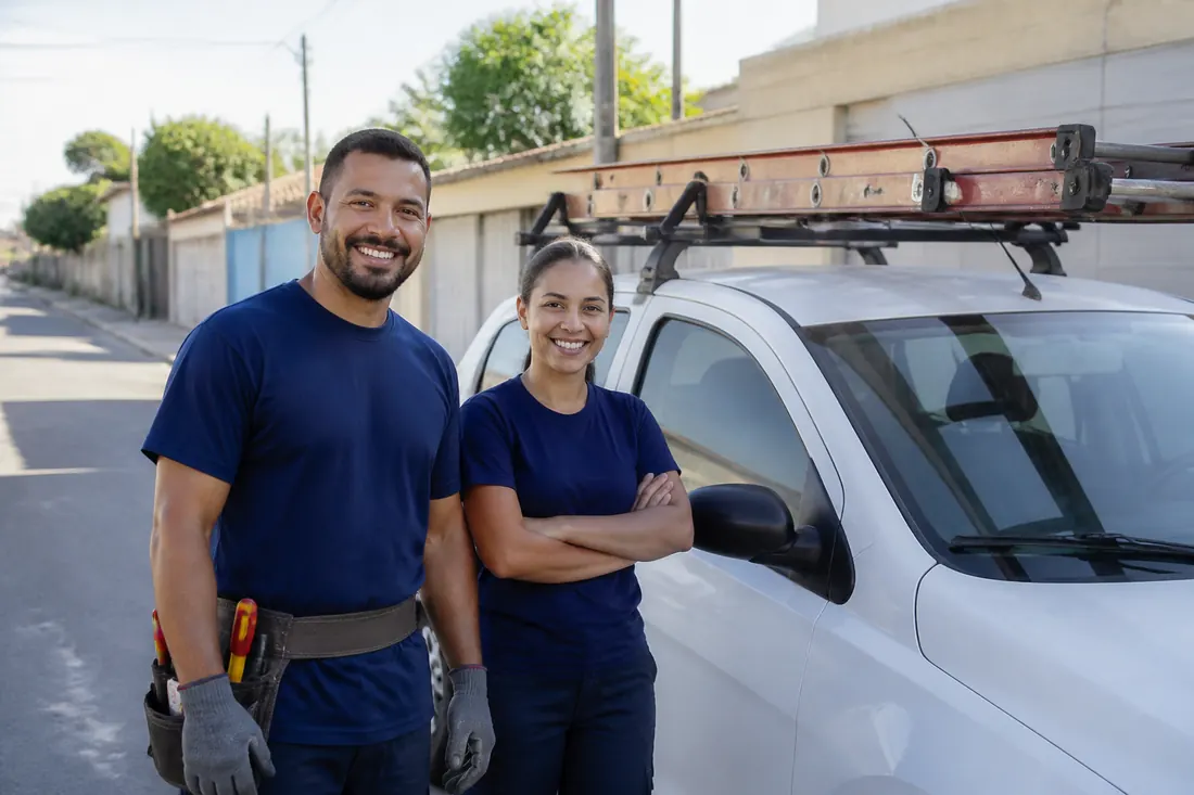 Dois eletricistas da equipe ao lado do carro de serviço