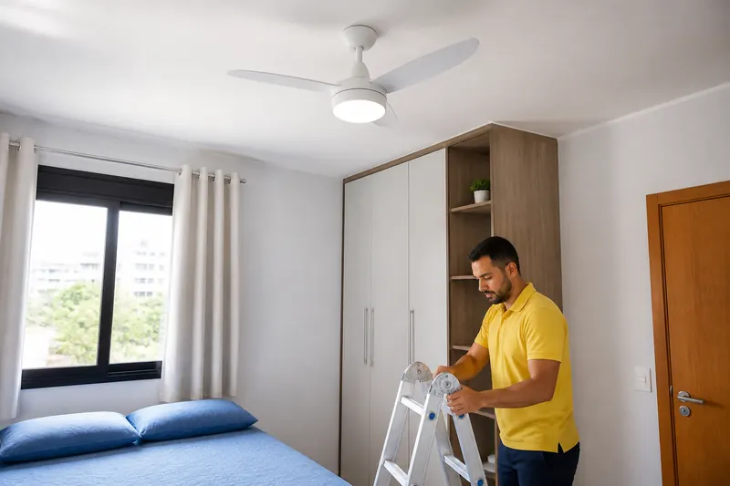 Ventilador de teto recém-instalado em um quarto