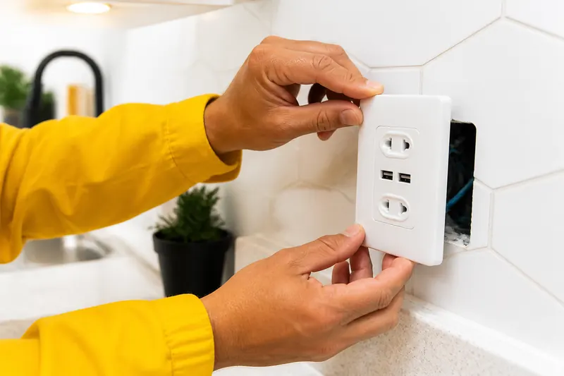 Tomada nova com entradas USB sendo instalada na cozinha