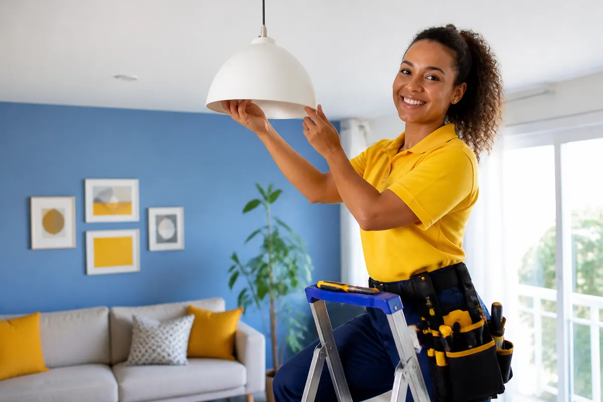 Eletricista sorrindo enquanto instala um pendente em uma sala colorida