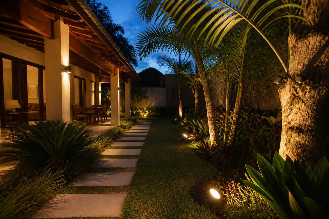 Jardim iluminado à noite com luminárias novas