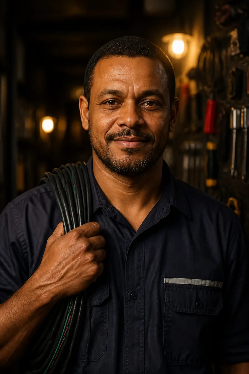Retrato do eletricista Rodrigo Santos com um rolo de cabo no ombro