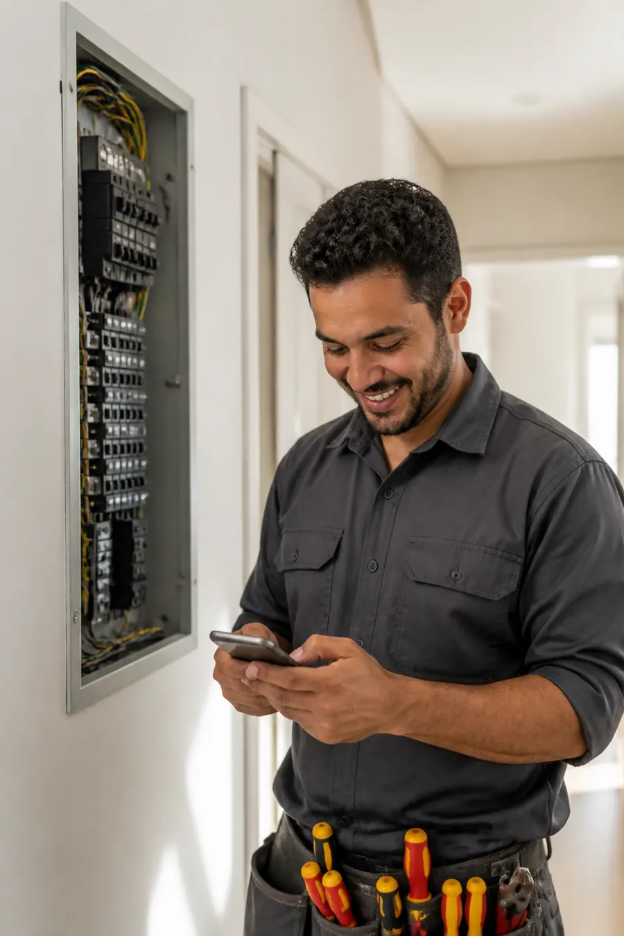 Eletricista ao lado de um quadro de disjuntores, sorrindo enquanto lê uma mensagem no celular