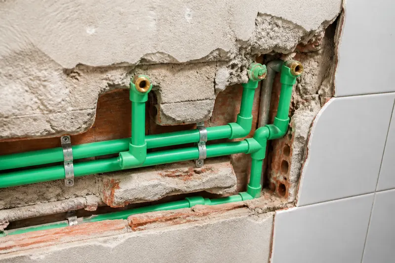 Tubulação nova de PPR instalada em parede aberta