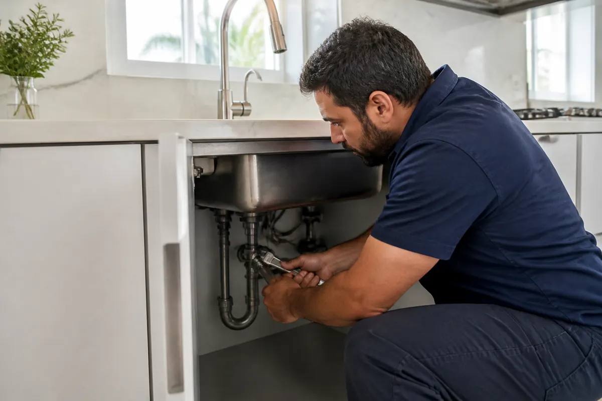 Encanador instalando a tubulação embaixo de uma pia de cozinha
